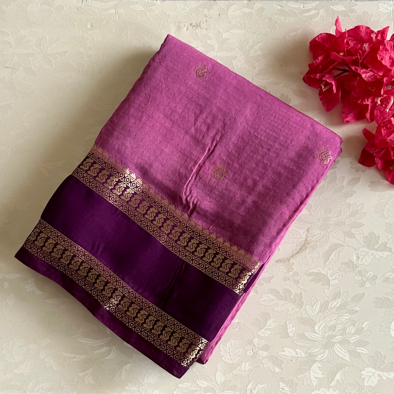 Lotus Pink Soft Tussar Silk Saree With Royal Purple Pallu