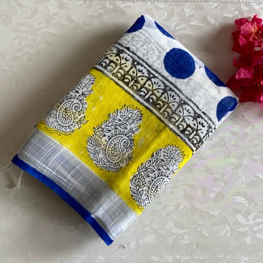 Lemon Yellow Block Printed Soft Linen Silver Borders Saree Royal Blue buttas Silver Border