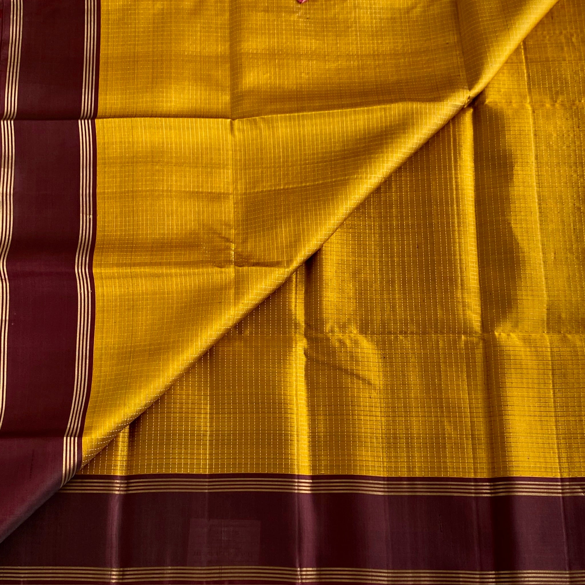 Mustard Yellow Designer Micro-checks Pure Silk With Wine Brown Pallu