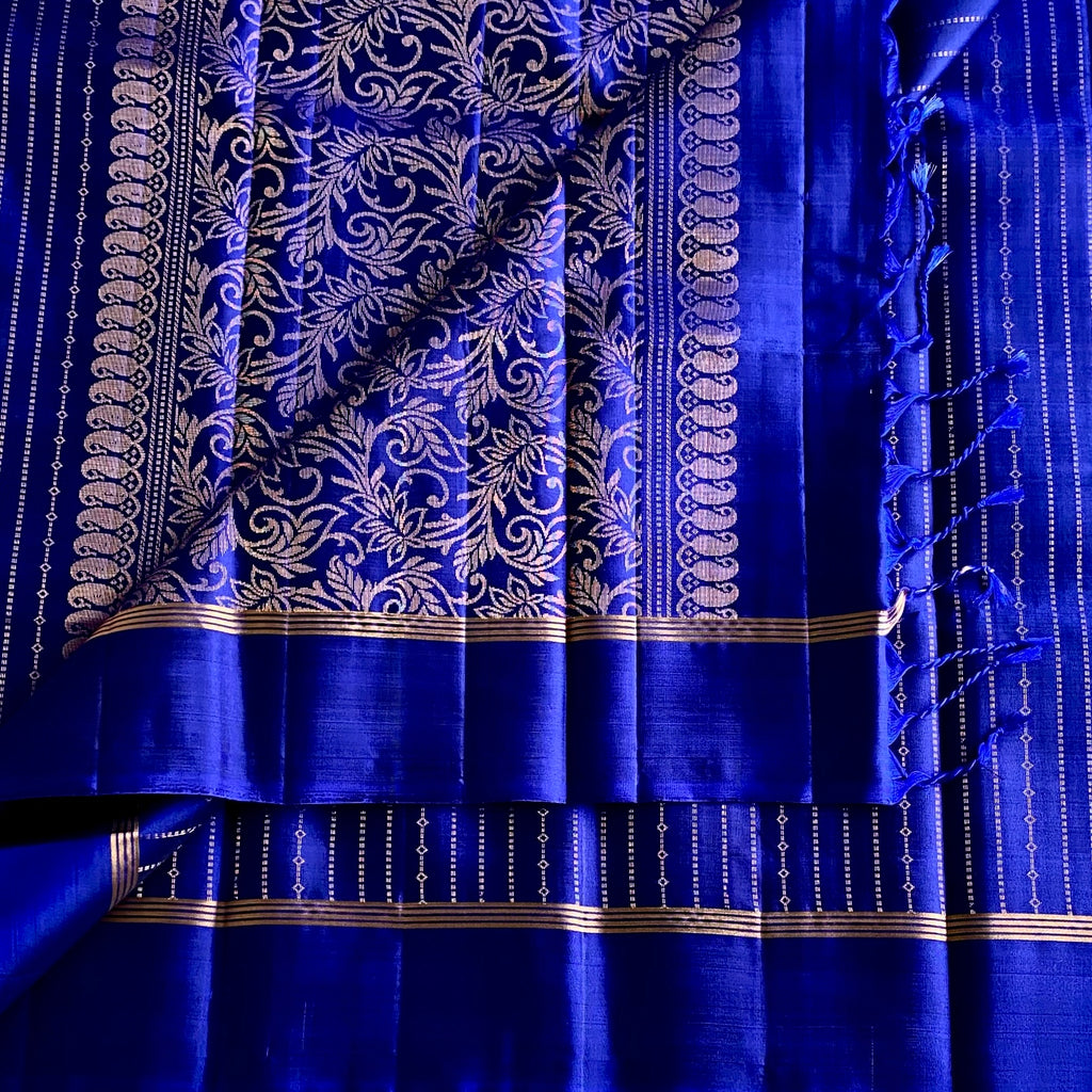Royal Blue Designer Pure Silk Saree With Gold Brocade Border
