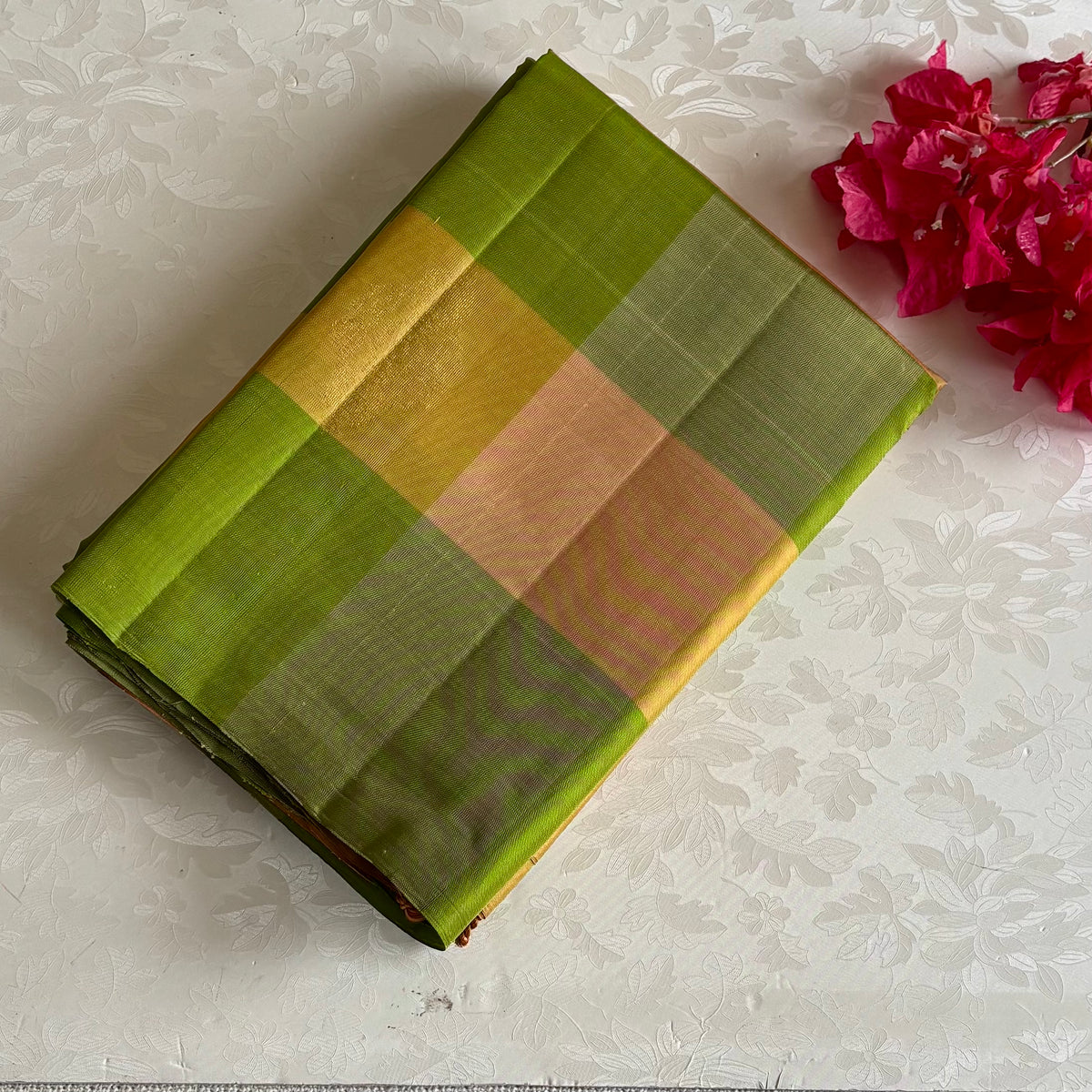 Olive Green Designer Pure Silk Saree With Peach Gold Checks
