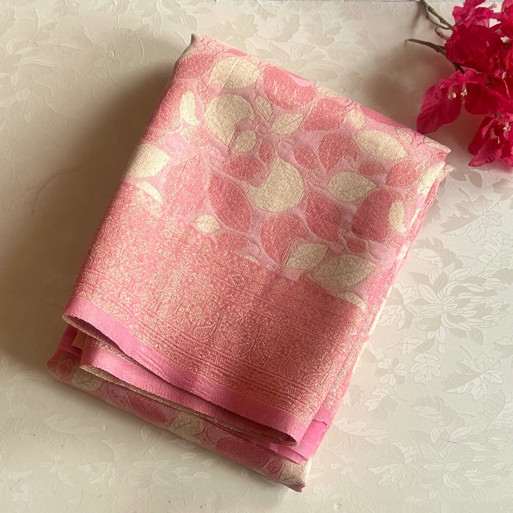 Rose Pink Silk Saree Pale Gold Leaf Zari Border Tassel Pallu
