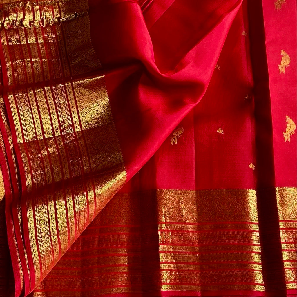 Rich Crimson Red Designer Pure Silk Saree With Antique Gold Border