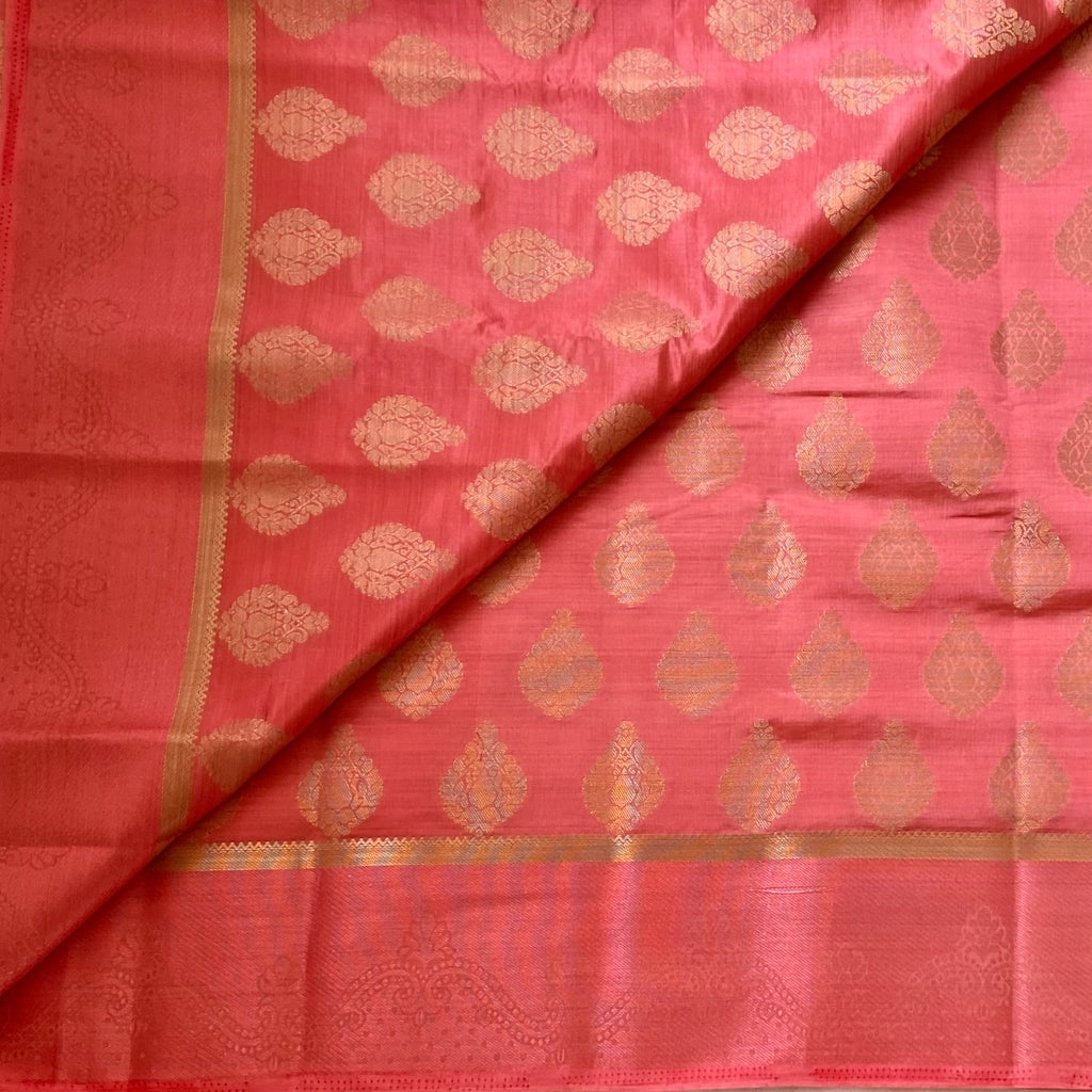 Coral Pink Silk Saree With Gold Zari Pallu And Paisley Border