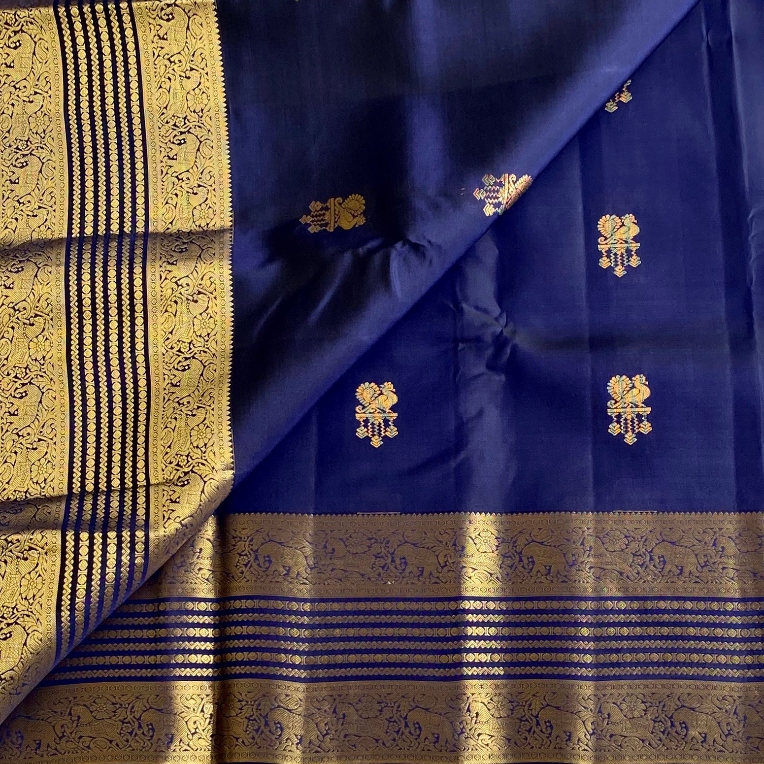 Midnight Navy Blue Designer Pure Silk Saree With Zari Gold Border And Pallu