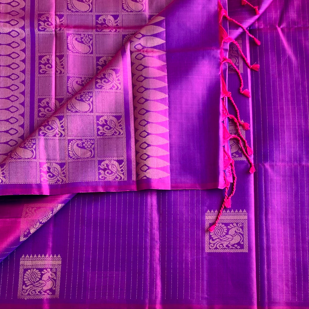 Dual Shaded Magenta Purple Designer Pure Silk With Peacock Zari