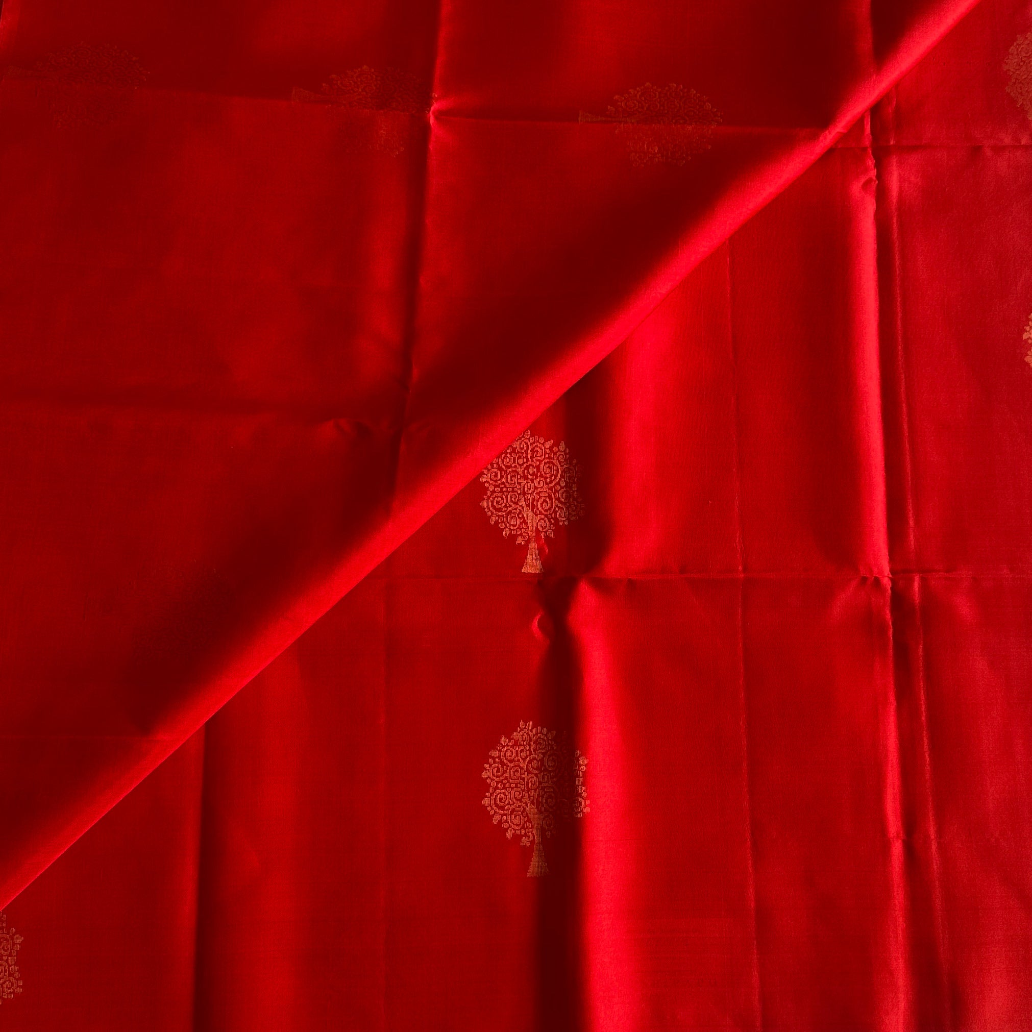 Scarlet Red Silk Saree Gold Brocade Medallion Tree Motifs