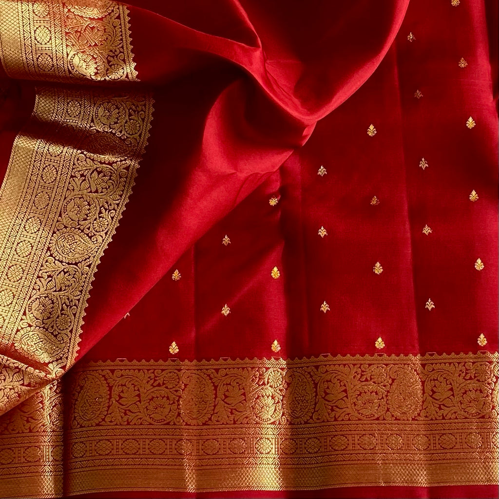 Ruby Red Designer Pure Silk Saree With Antique Gold Pallu