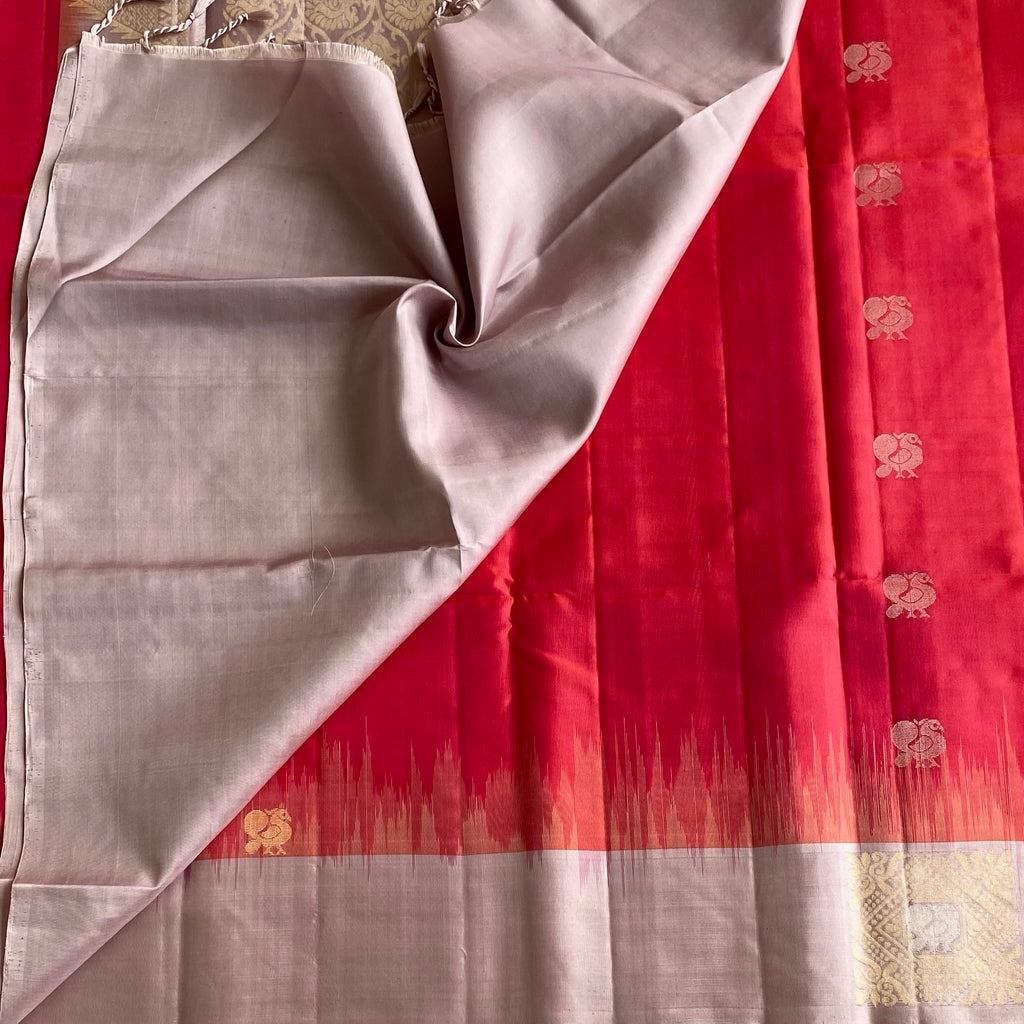 Vibrant Kanakambari Pinkish Red with Metallic Dusty Mauve Designer Pure Silk