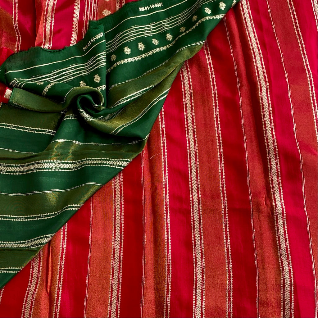 Fiery Ruby Red With Dark Green Soft Tussar Silk Saree With Metallic Gold Butis And Stripes
