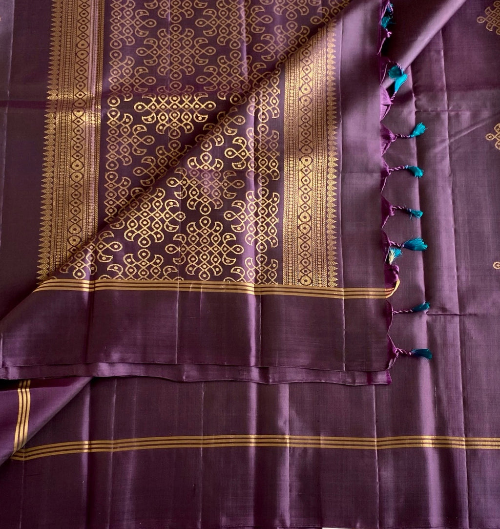 Plum Purple Designer Pure Silk Saree With Antique Gold Motifs