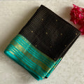 Mysore Crepe Silk Rare Jet Black Saree With Bright Turquoise Pallu Gold Zari