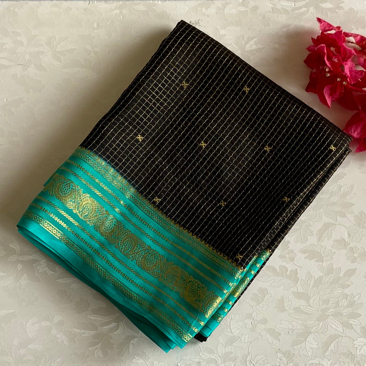 Mysore Crepe Silk Rare Jet Black Saree With Bright Turquoise Pallu Gold Zari