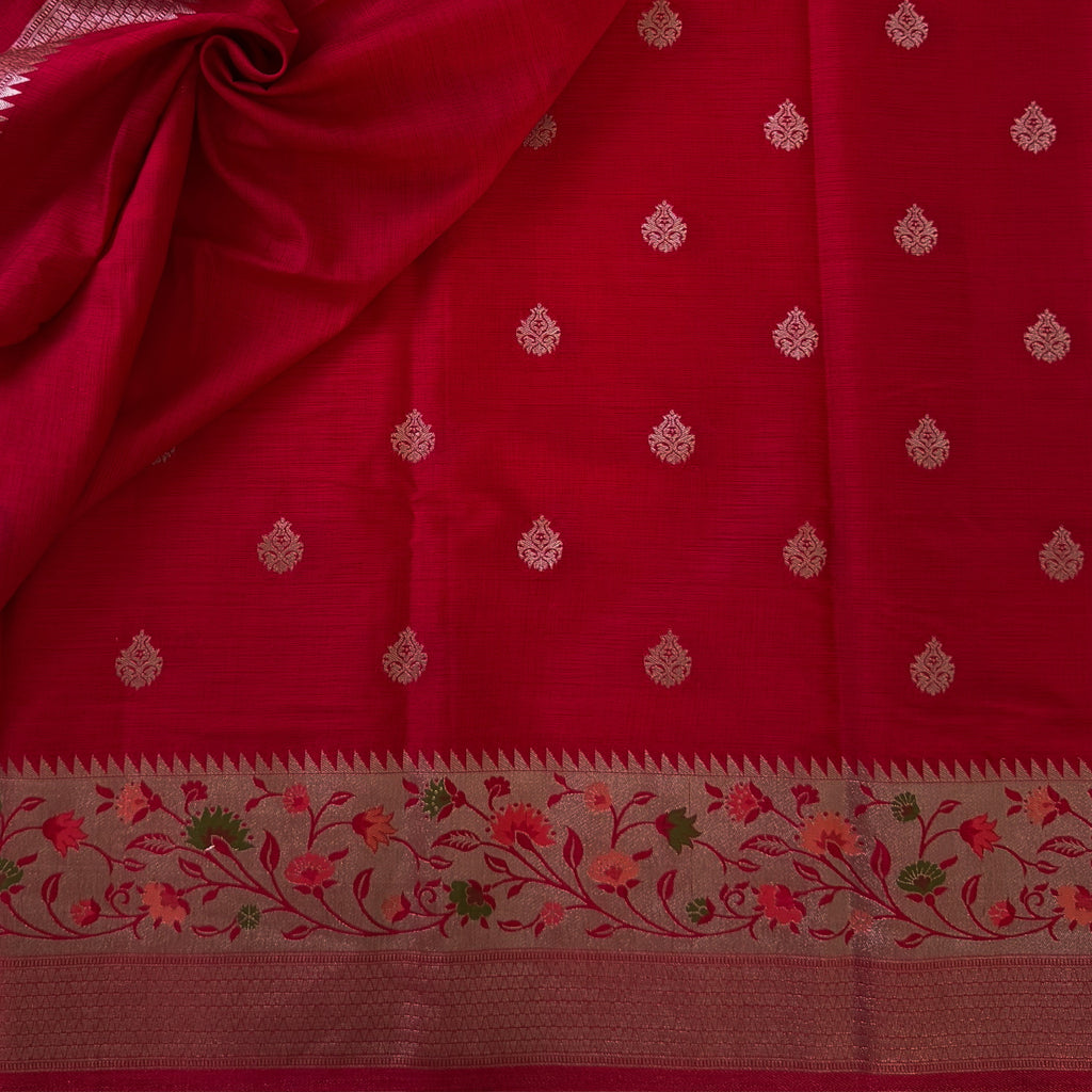 Fuchsia Brocade Silk Saree With Golden Floral Pallu And Tassels