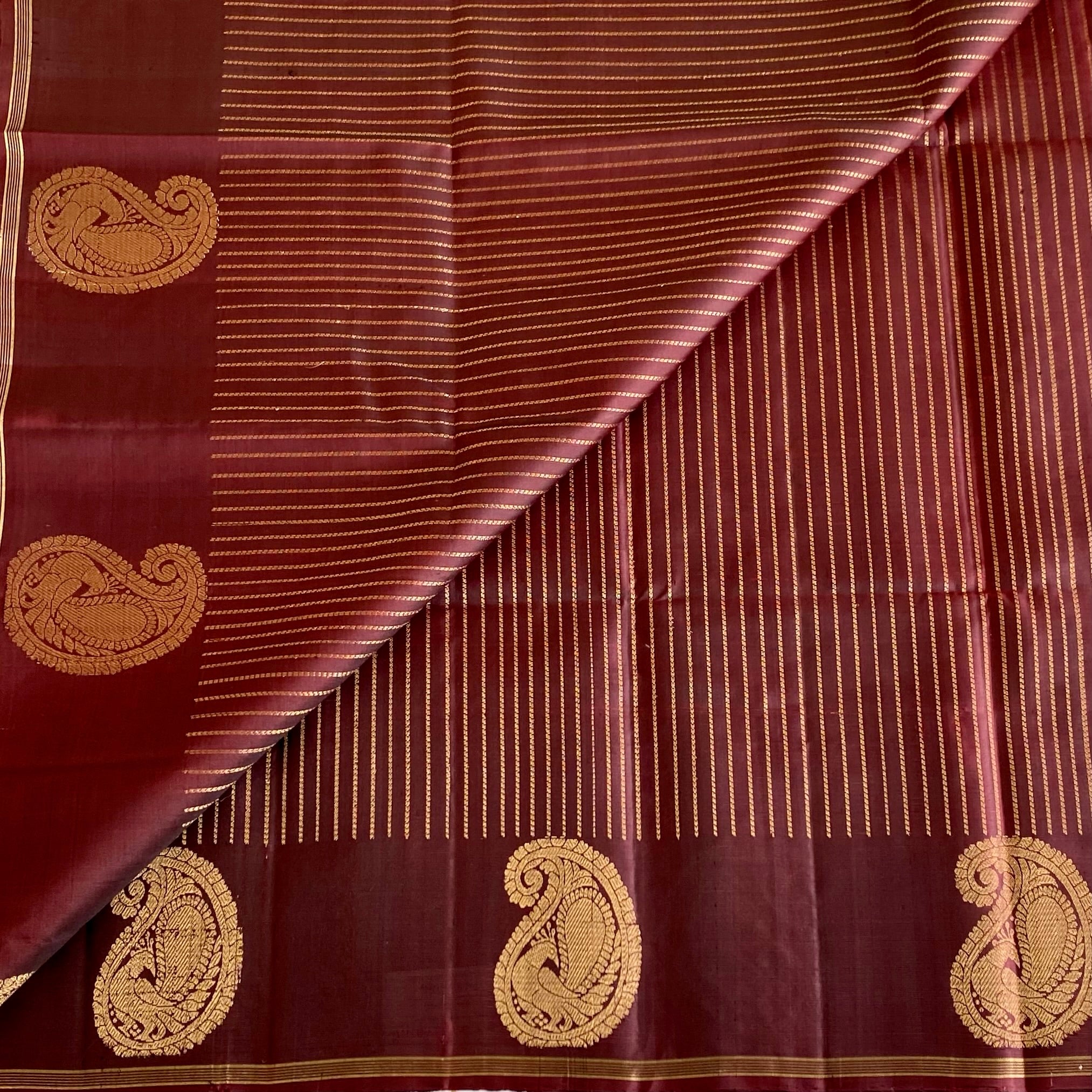 Deep Wine Brown Designer Pure Silk Saree With Antique Gold Pallu