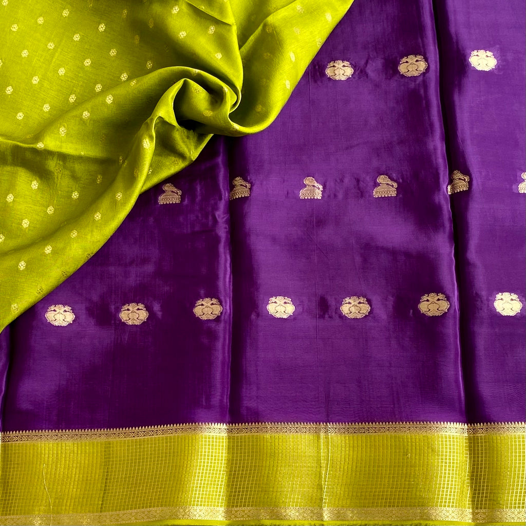 Royal Purple Soft Crepe Silk Saree With Lime Green Pallu