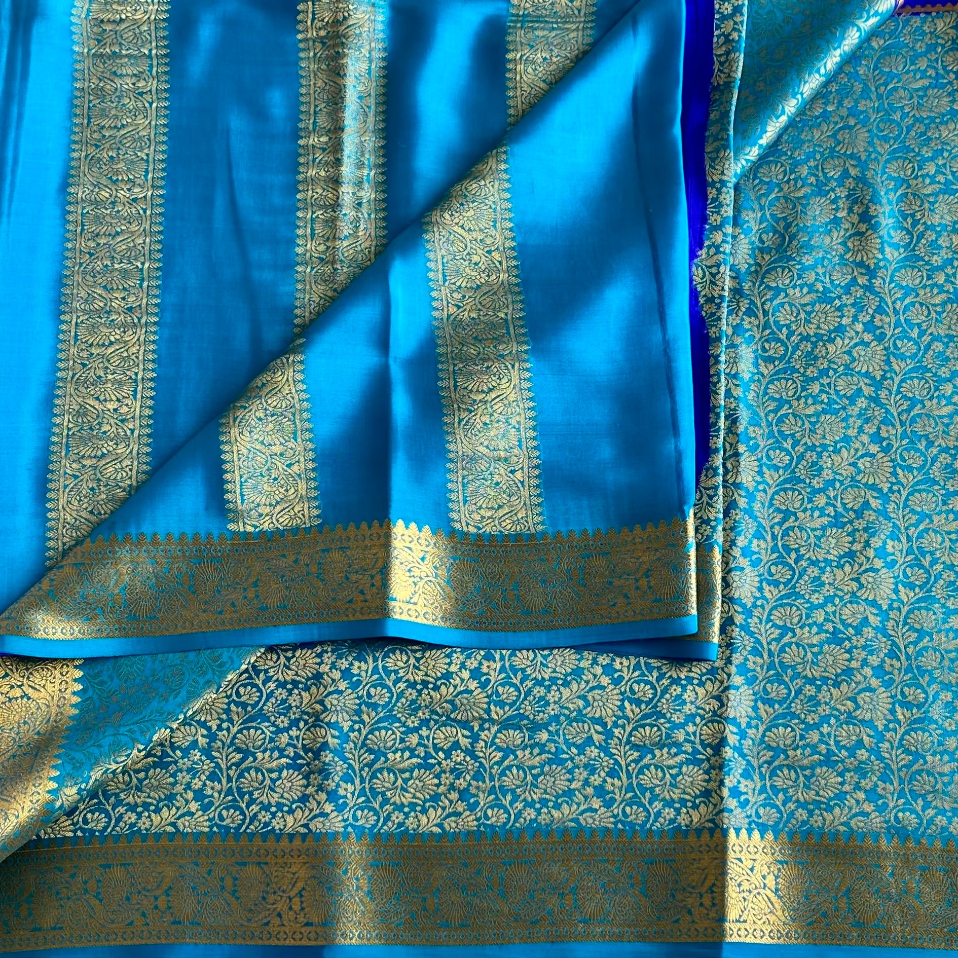 Royal Blue with Turquoise Half n Half Mysore Crepe Silk Saree With Metallic Gold Details