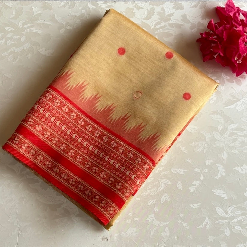 Golden Beige & Crimson Red Soft Jute Tussar Saree With Designer Pallu