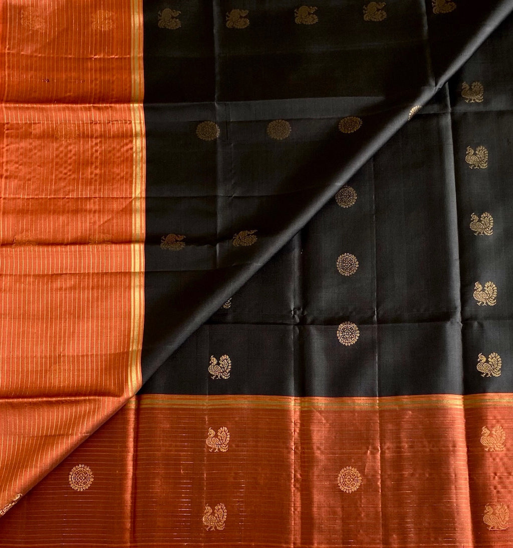 Burnt Orange Designer Pure Silk Saree With Jet Black Border