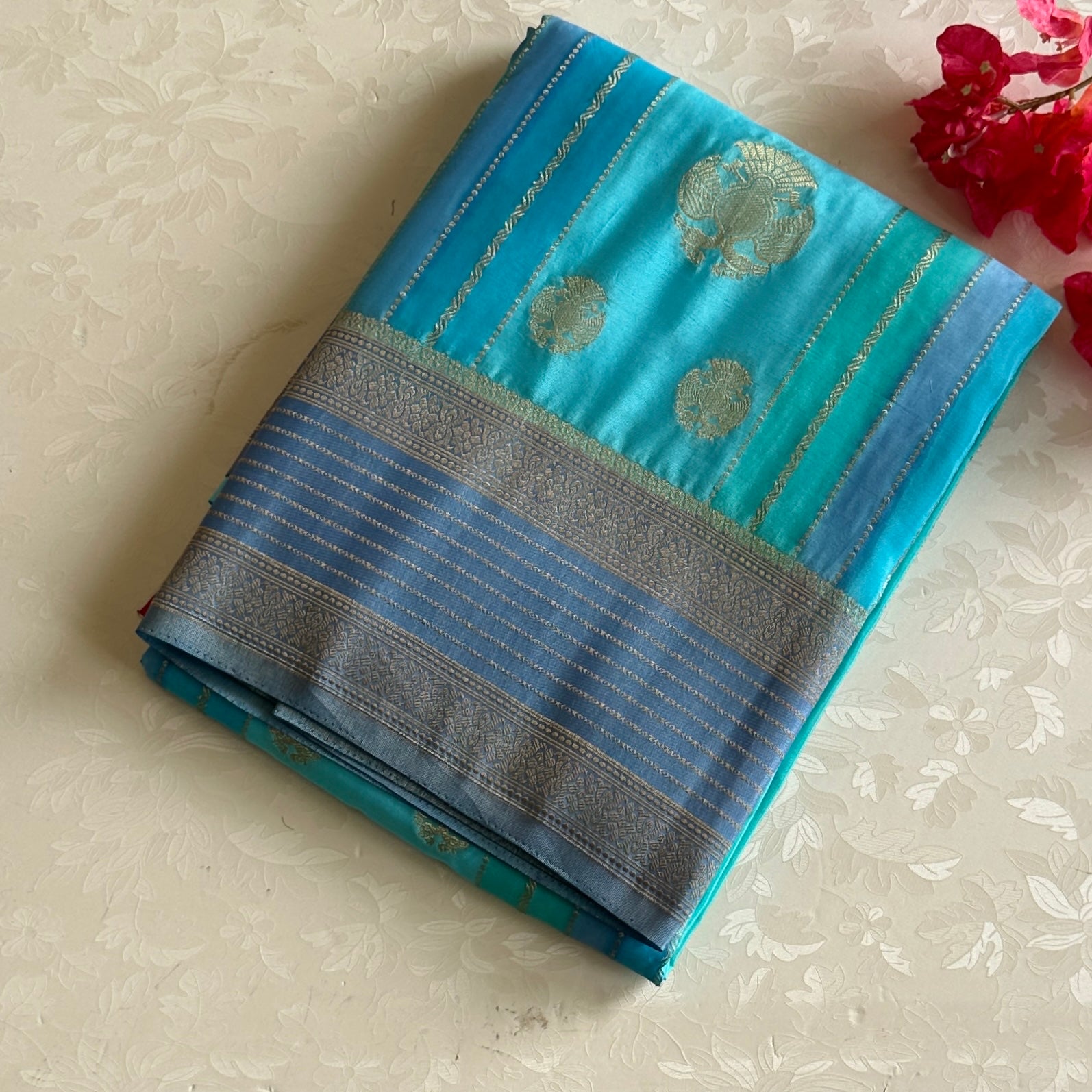 Turquoise With Slate Blue Soft Crepe Silk With Designer Gandaberunda Weave