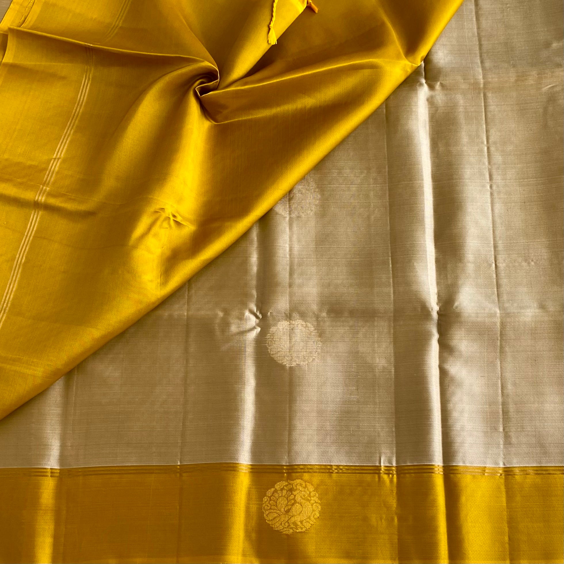 Champagne Beige Designer Pure Silk Saree With Golden Yellow Pallu