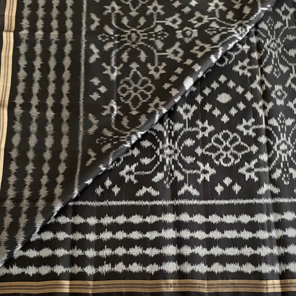 Jet Black Silver Gray Designer Pure Silk Ikat Saree With Zari