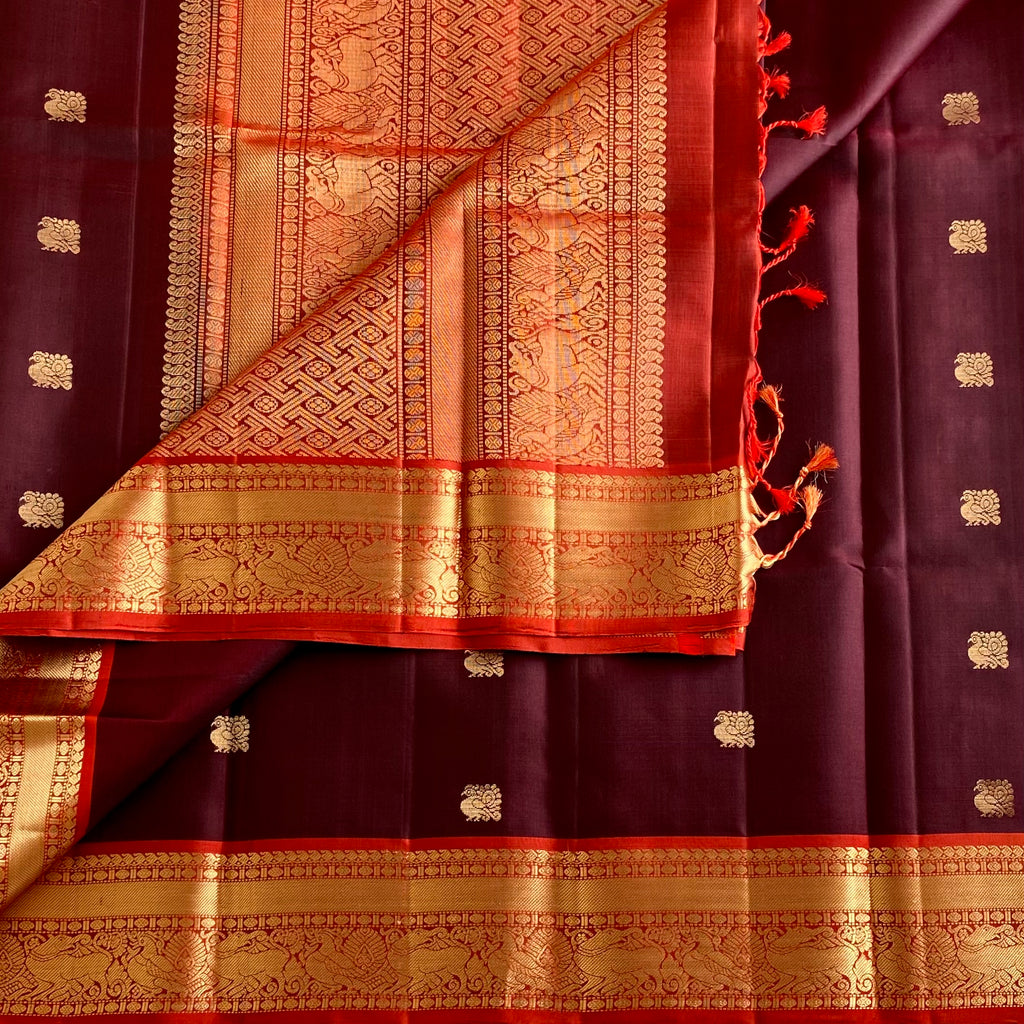 Espresso Wine Designer Pure Silk Saree With Bright Orange Pallu And Gold Zari