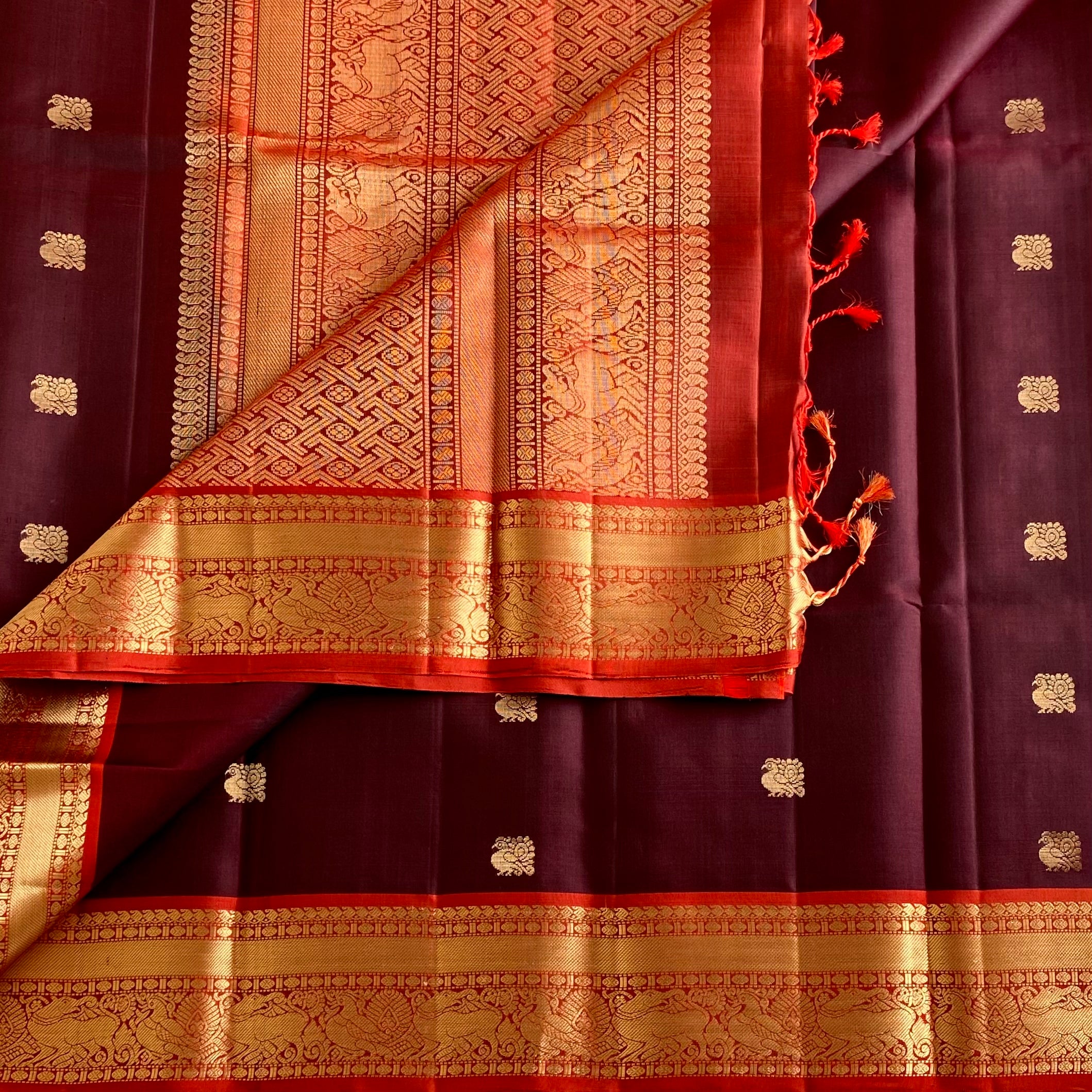 Espresso Wine Designer Pure Silk Saree With Bright Orange Pallu And Gold Zari