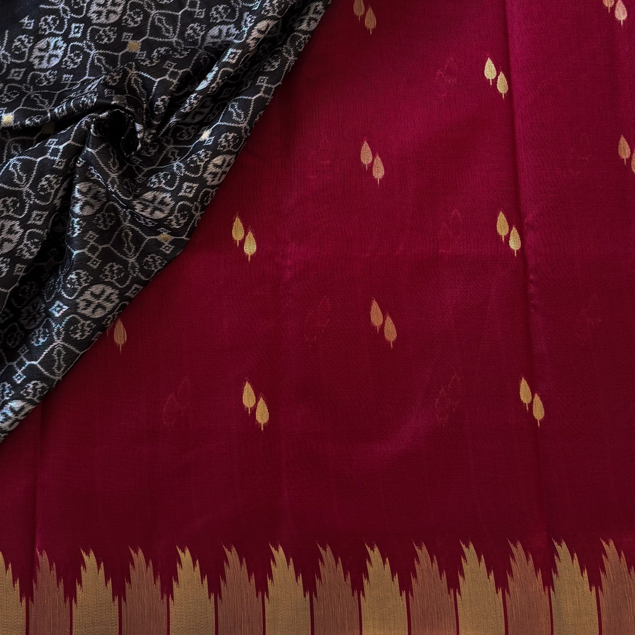 Black Ikat Saree with Maroon Pallu and Gold Zari Border