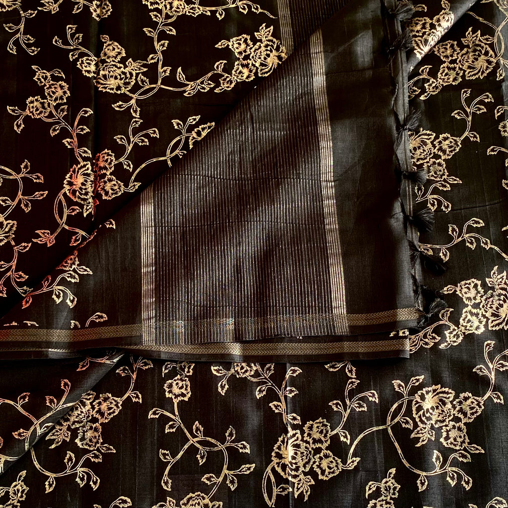 Jet Black Soft Tussar Silk Saree With Antique Gold Floral Pallu