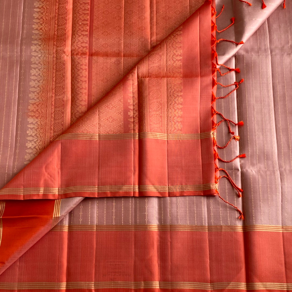 Dusty Rose Designer Pure Silk Saree With Coral Orange Pallu