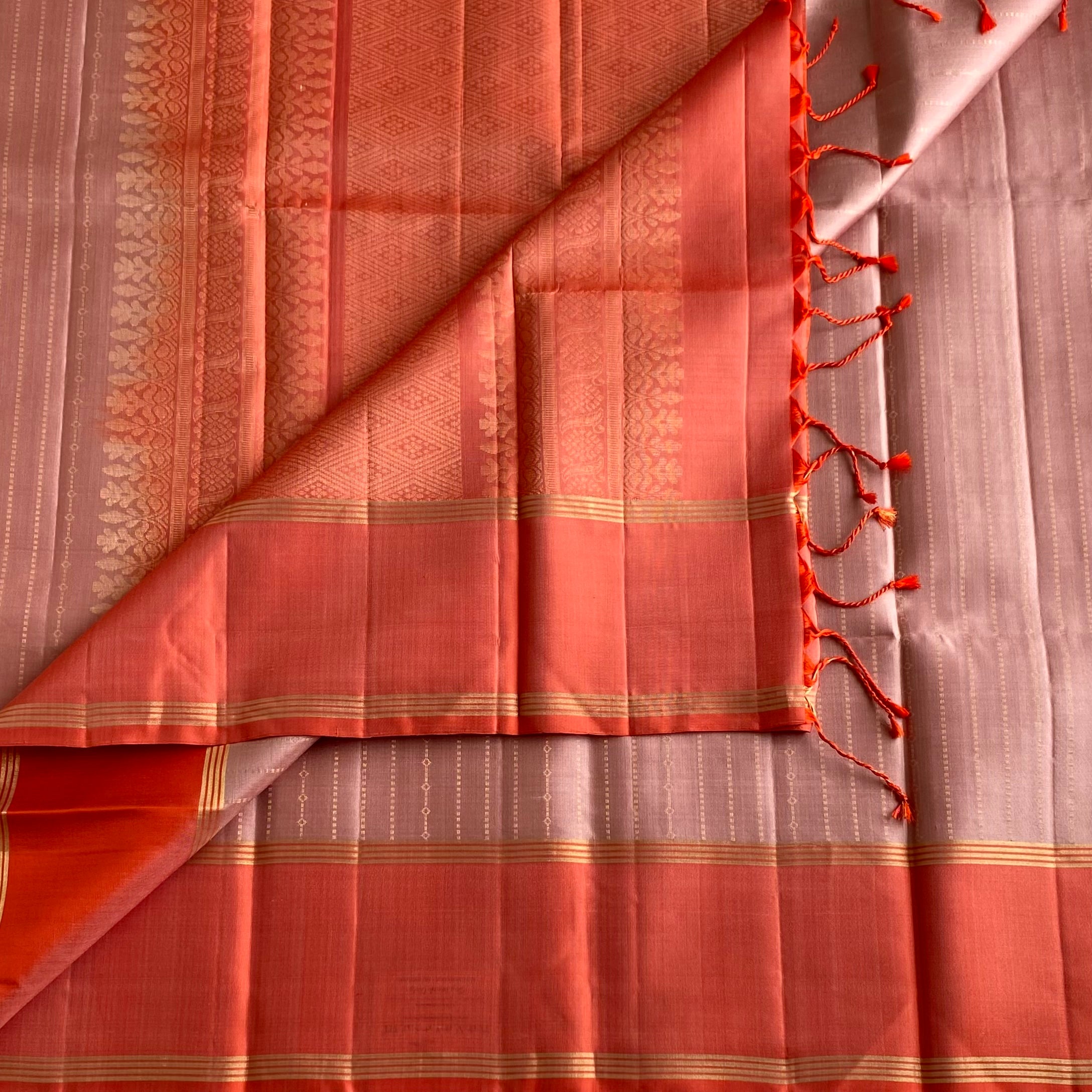 Dusty Rose Designer Pure Silk Saree With Coral Orange Pallu