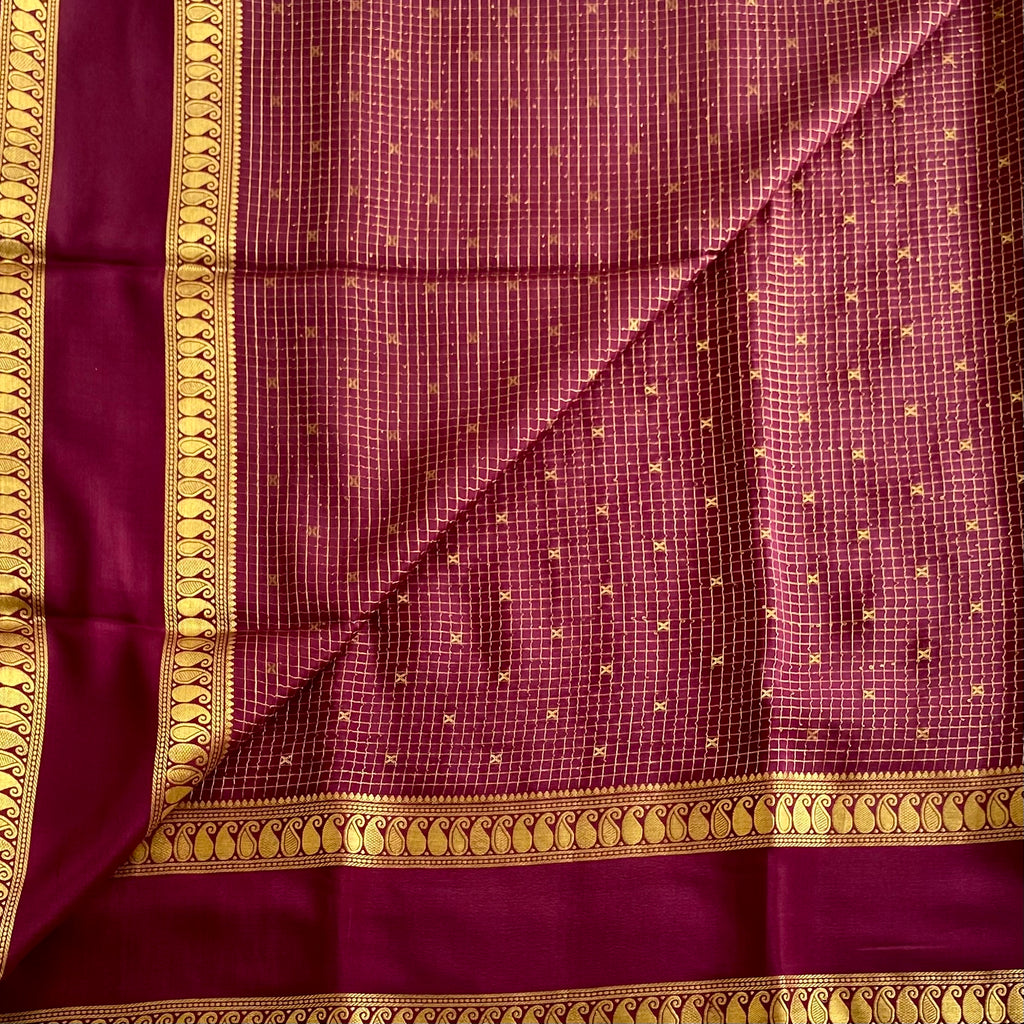 Wine Maroon Mysore Crepe Silk Saree With Antique Gold Motifs