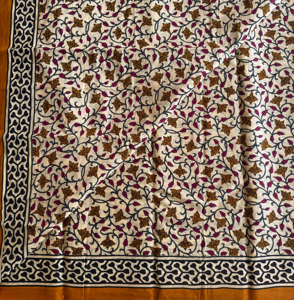 Ivory Charcoal Burnt Orange Floral Block Print Traditional Soft Saree