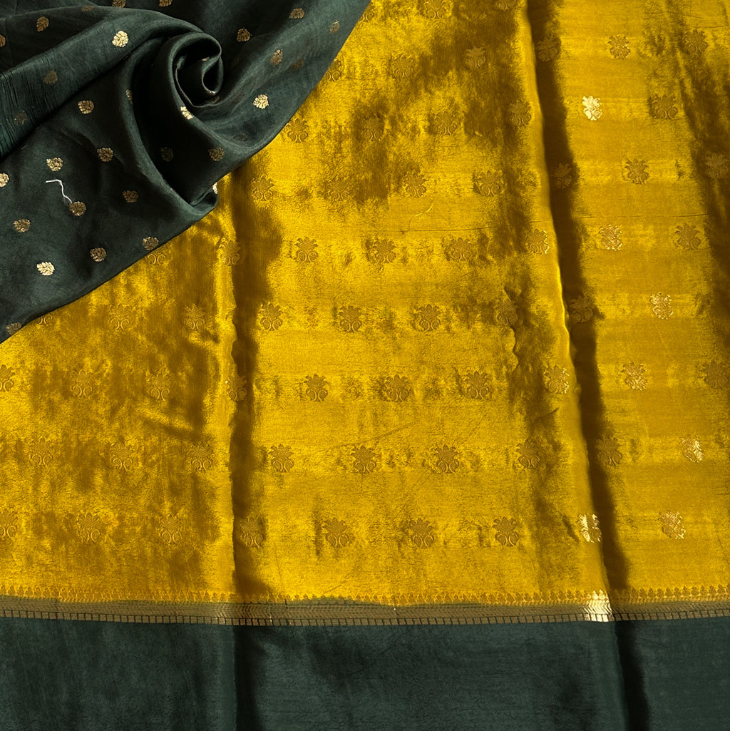 Elegant Mustard Silk Saree with Teal Border Gold Buta Work