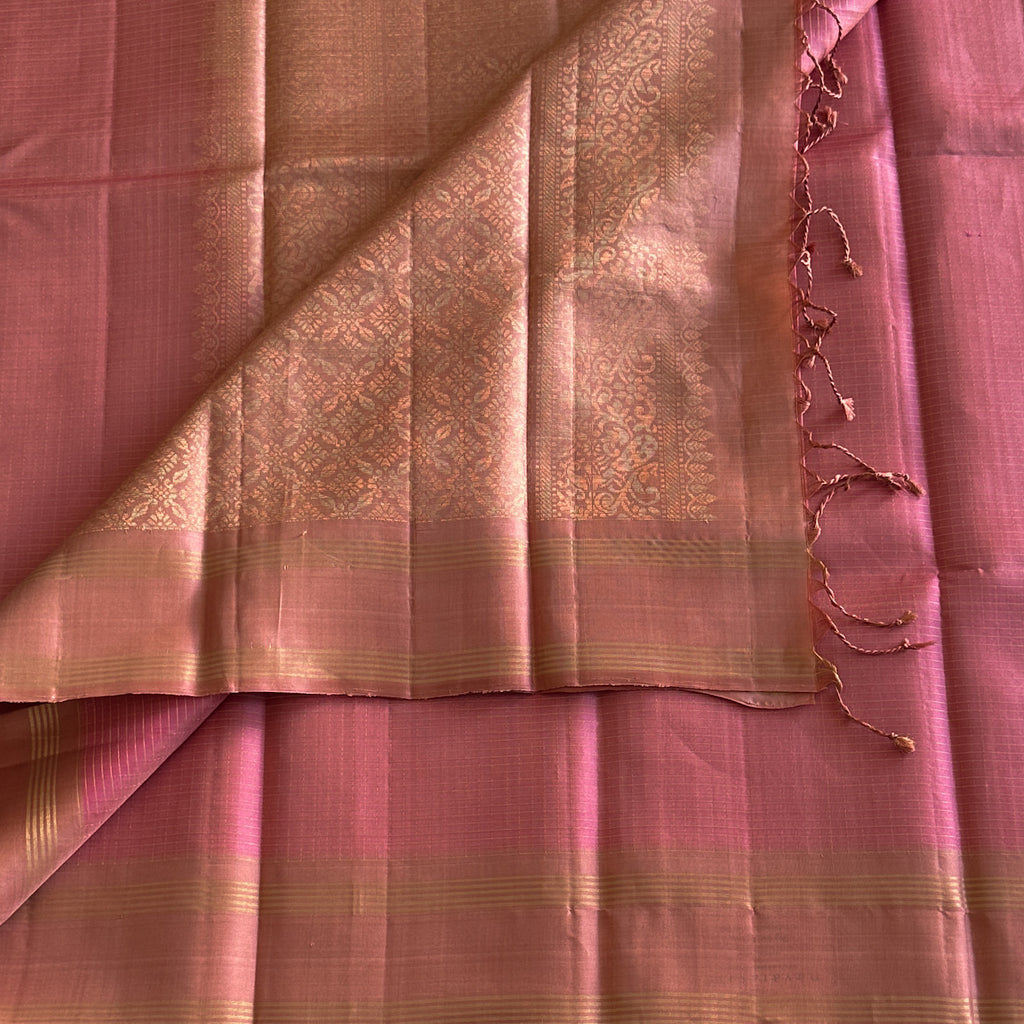 Peach Pink Silk Jacquard Saree with Magenta Gold Border Tassel