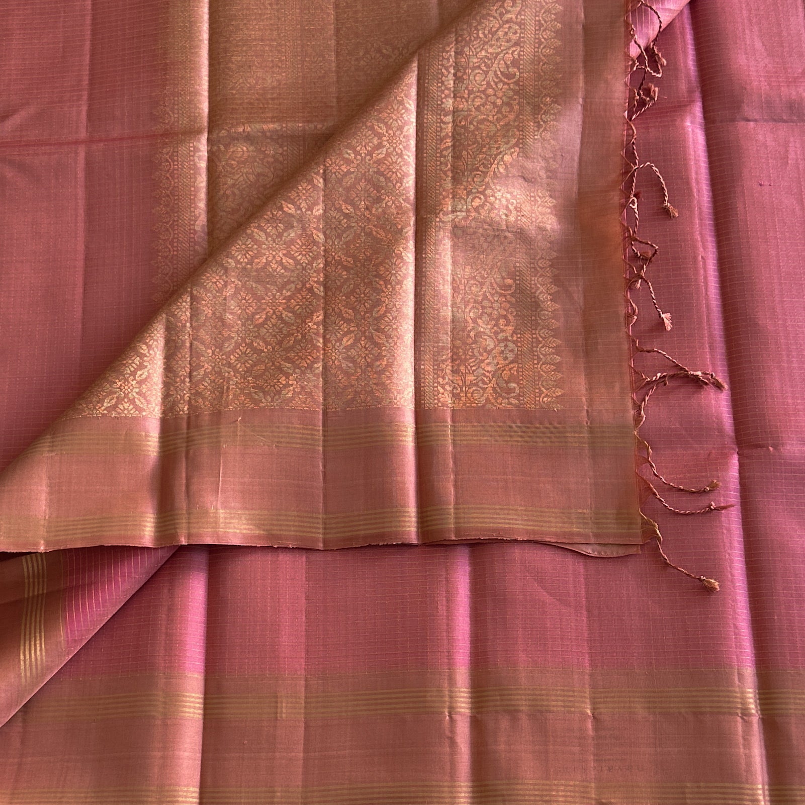 Peach Pink Silk Jacquard Saree with Magenta Gold Border Tassel