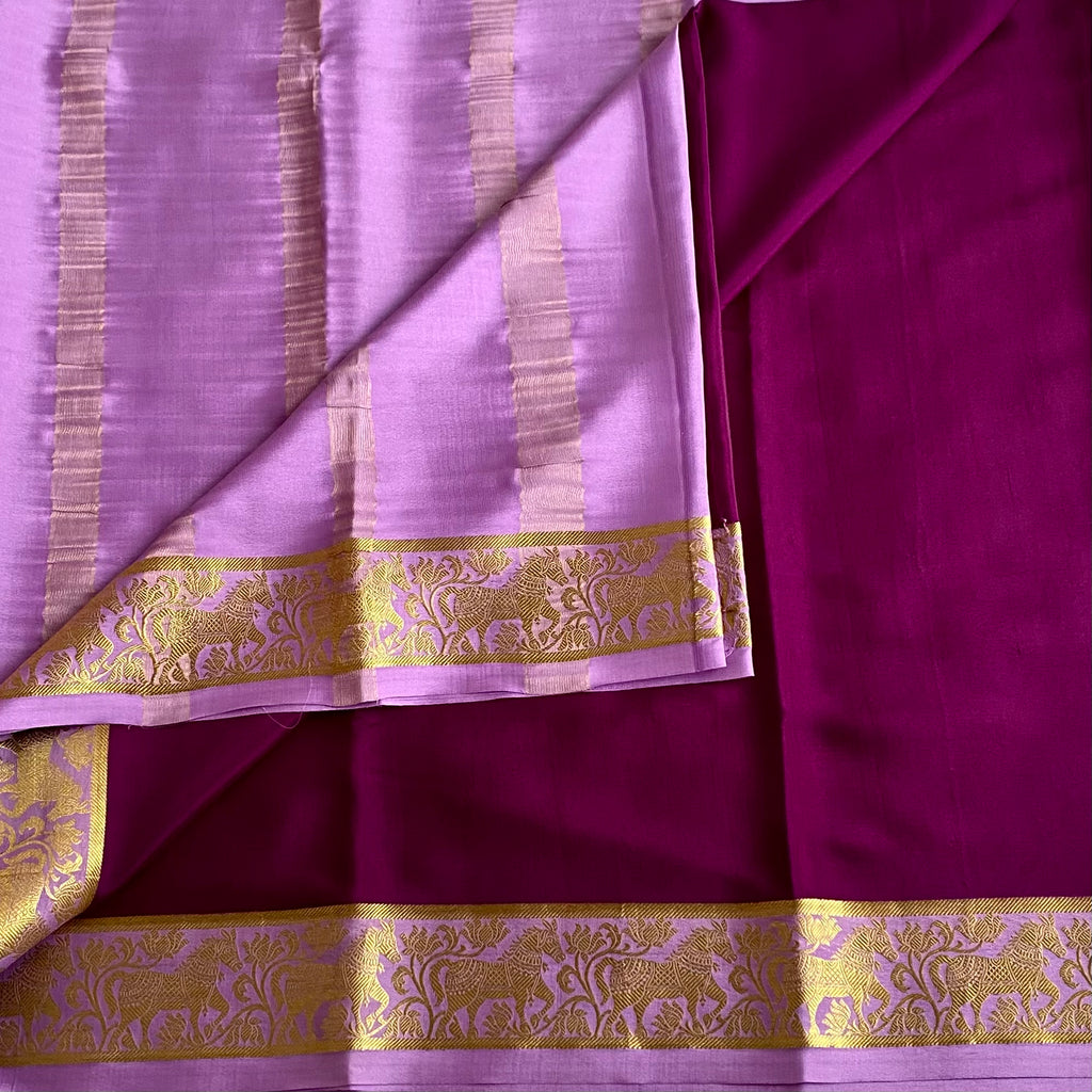 Plum Purple And Lavender Mysore Crepe Silk Saree With Gold Border