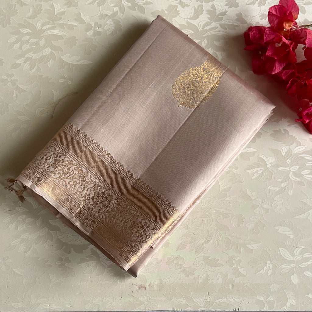 Champagne Designer Pure Silk Saree With Antique Gold Border