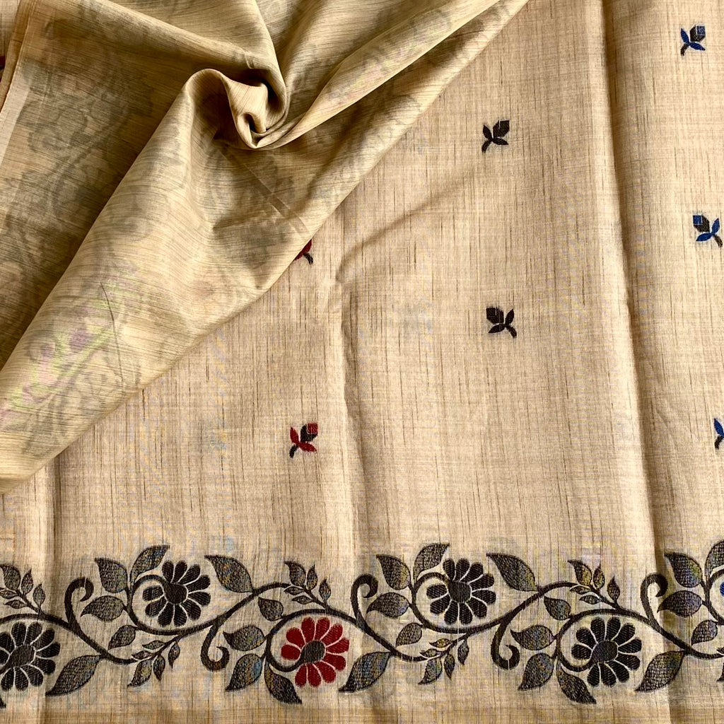 Light Beige Soft Tussar Silk Saree With Charcoal Black Border