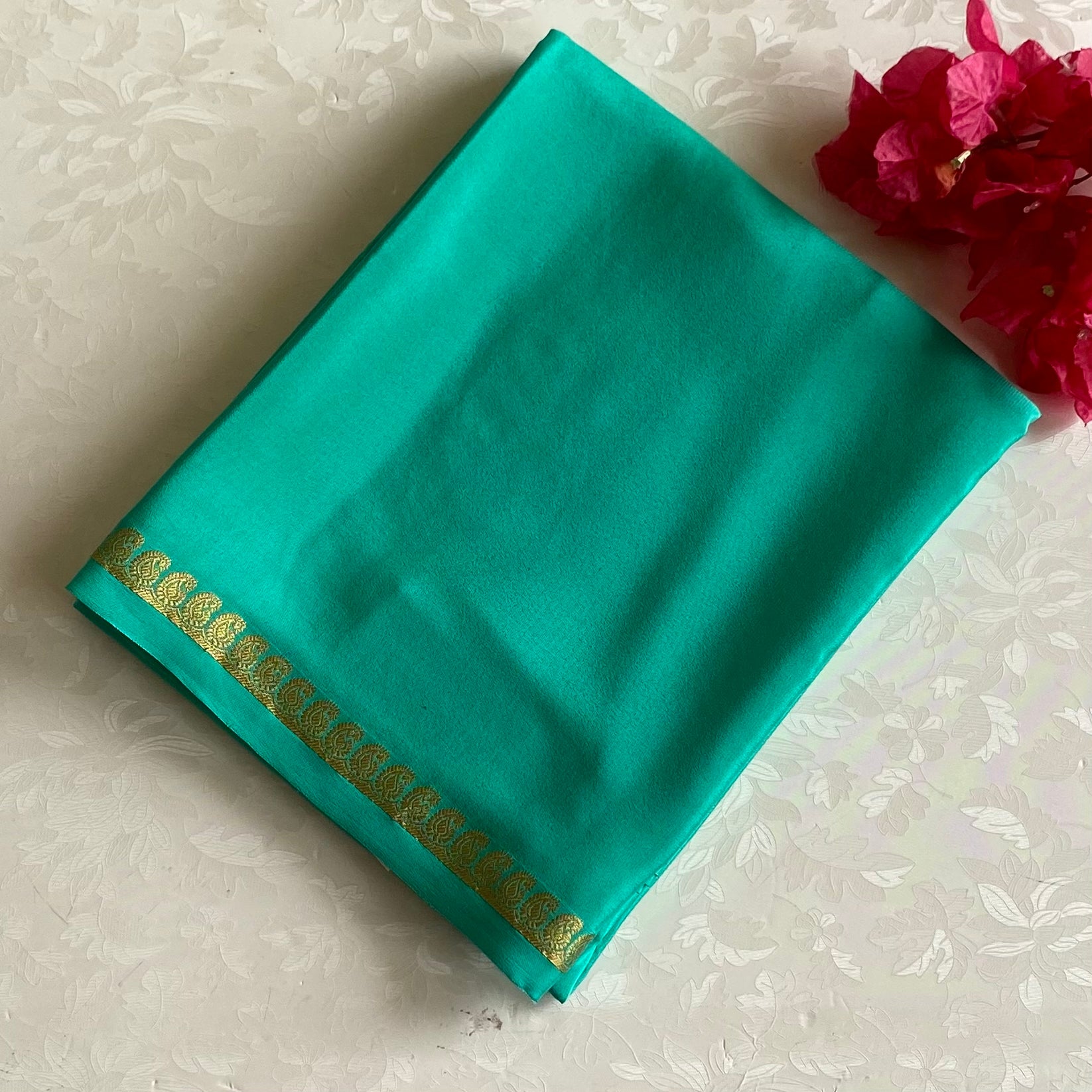 Sea Green Mysore Crepe Silk Saree With Metallic Gold Border