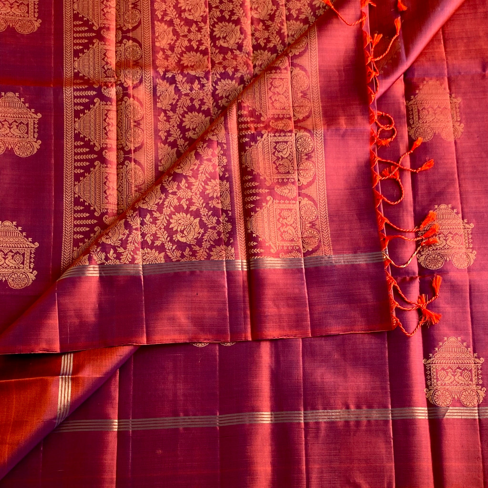Dual Shaded Rust Magenta Designer Pure Silk With Gold Zari Buttas