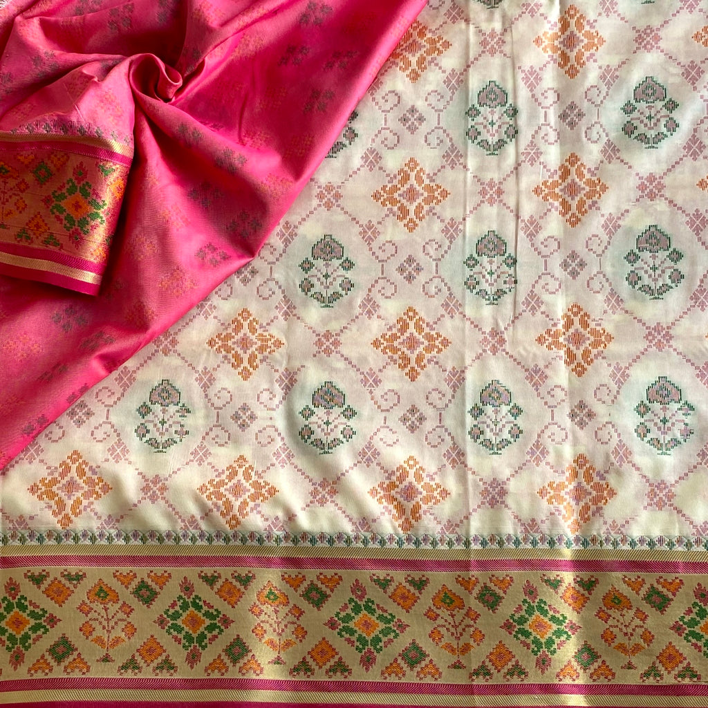 Ivory Patola Printed Soft Tussar Silk Saree With Rose Pink Pallu