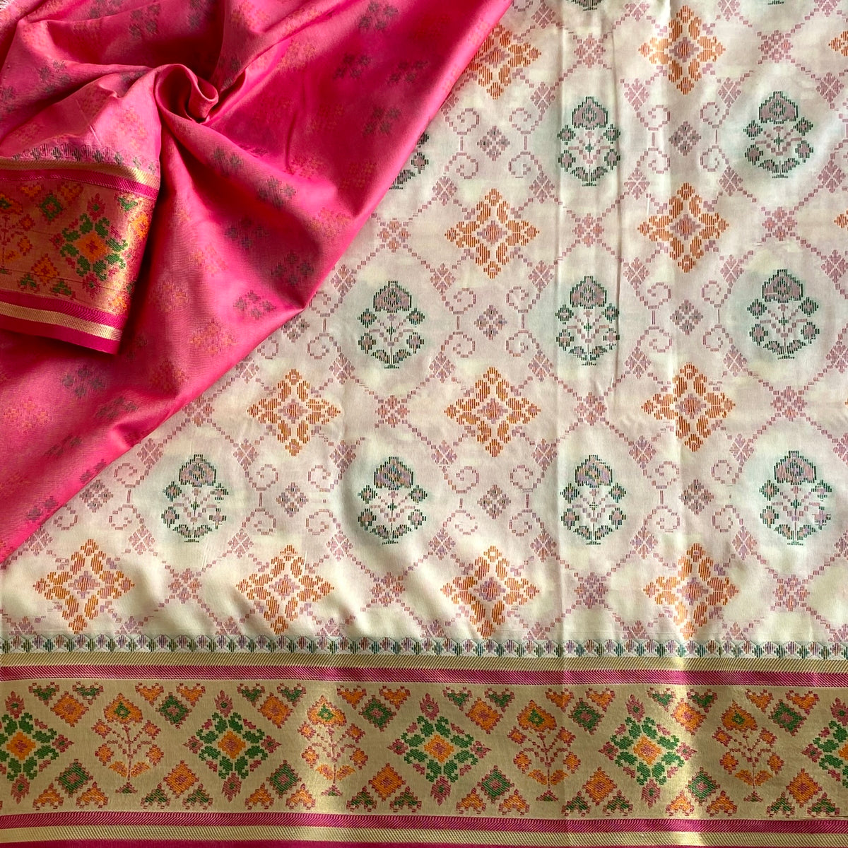 Ivory Patola Printed Soft Tussar Silk Saree With Rose Pink Pallu