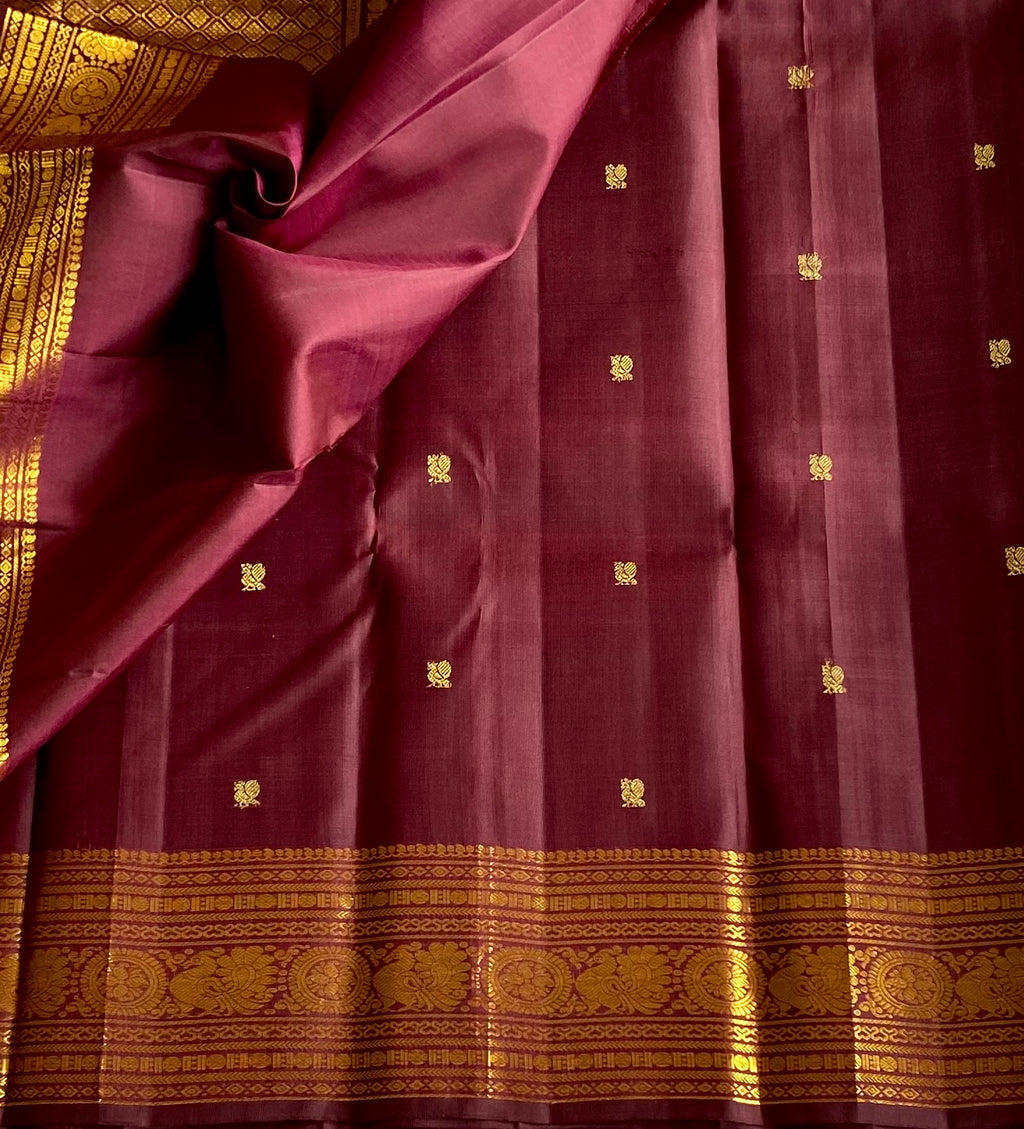 Traditional Deep Wine Silk Saree With Antique Gold Brocade Border