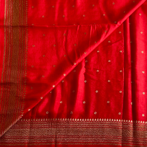 Banarasi Crepe Silk Scarlet Red With Antique Gold Brocade Pallu Saree