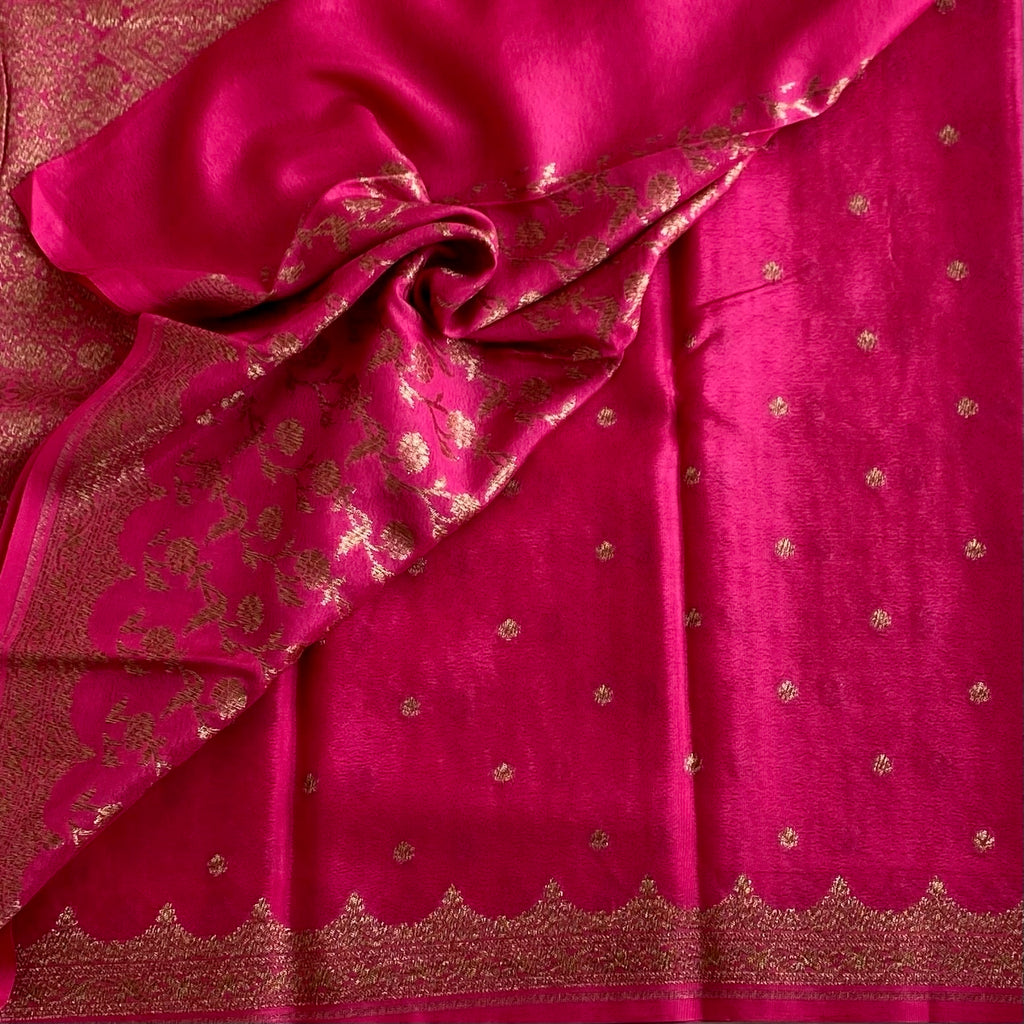 Hot Pink Banarasi Crepe Silk Saree With Antique Gold Brocade
