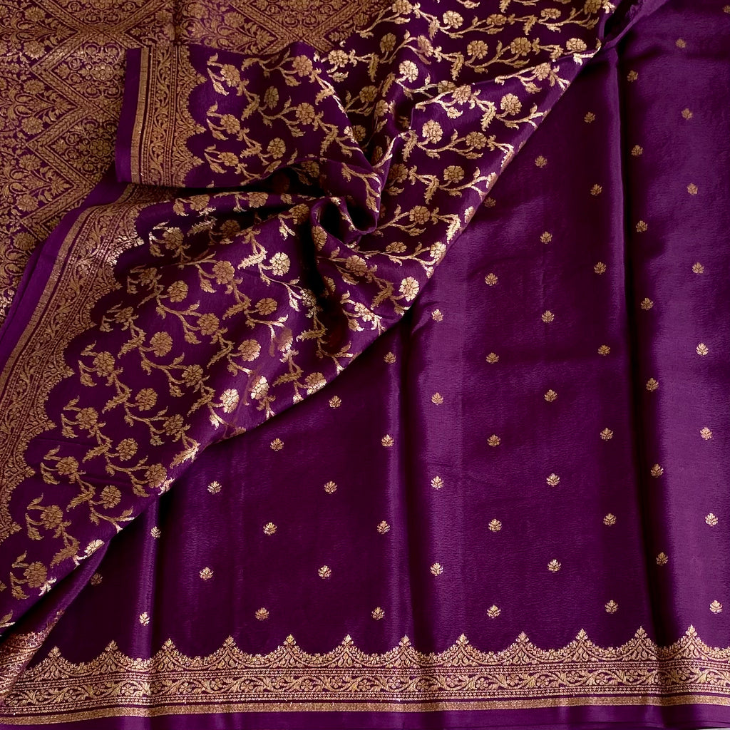 Royal Purple Banarasi Crepe Silk Saree With Antique Gold Brocade