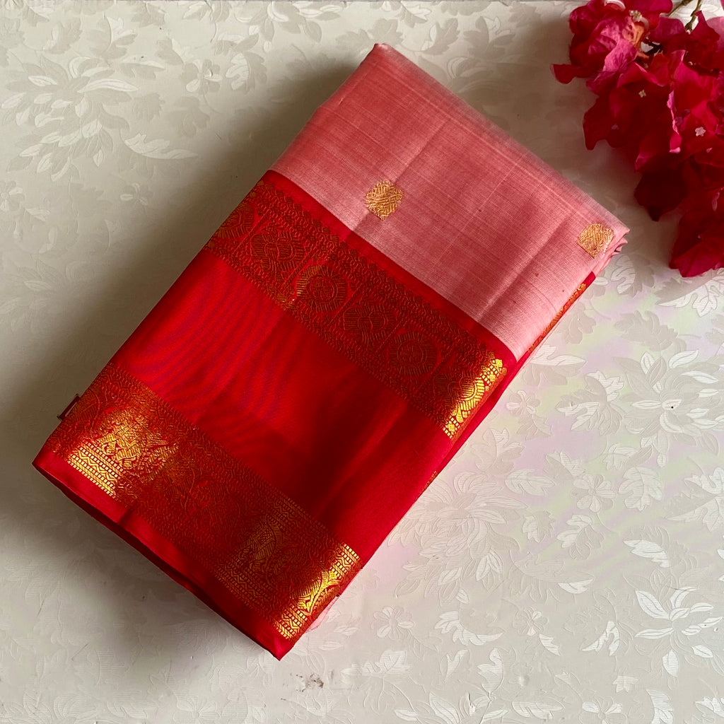 Blush Pink With Scarlet Red Kanjeevaram Pure Zari Silk Saree With Antique Gold Pallu