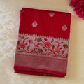 Fuchsia Brocade Silk Saree With Golden Floral Pallu And Tassels